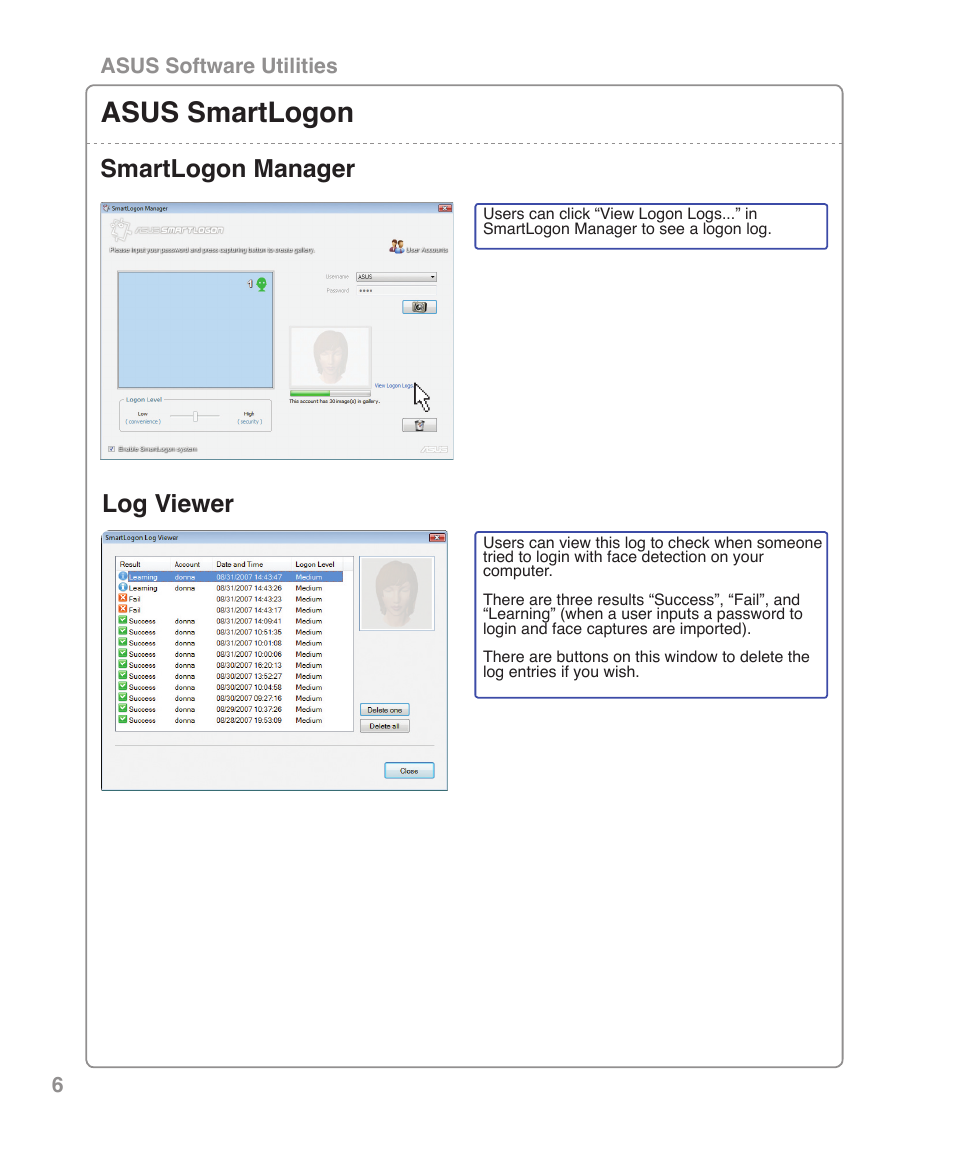 Asus smartlogon, Smartlogon manager, Log viewer | Asus U6Sg User Manual | Page 6 / 6