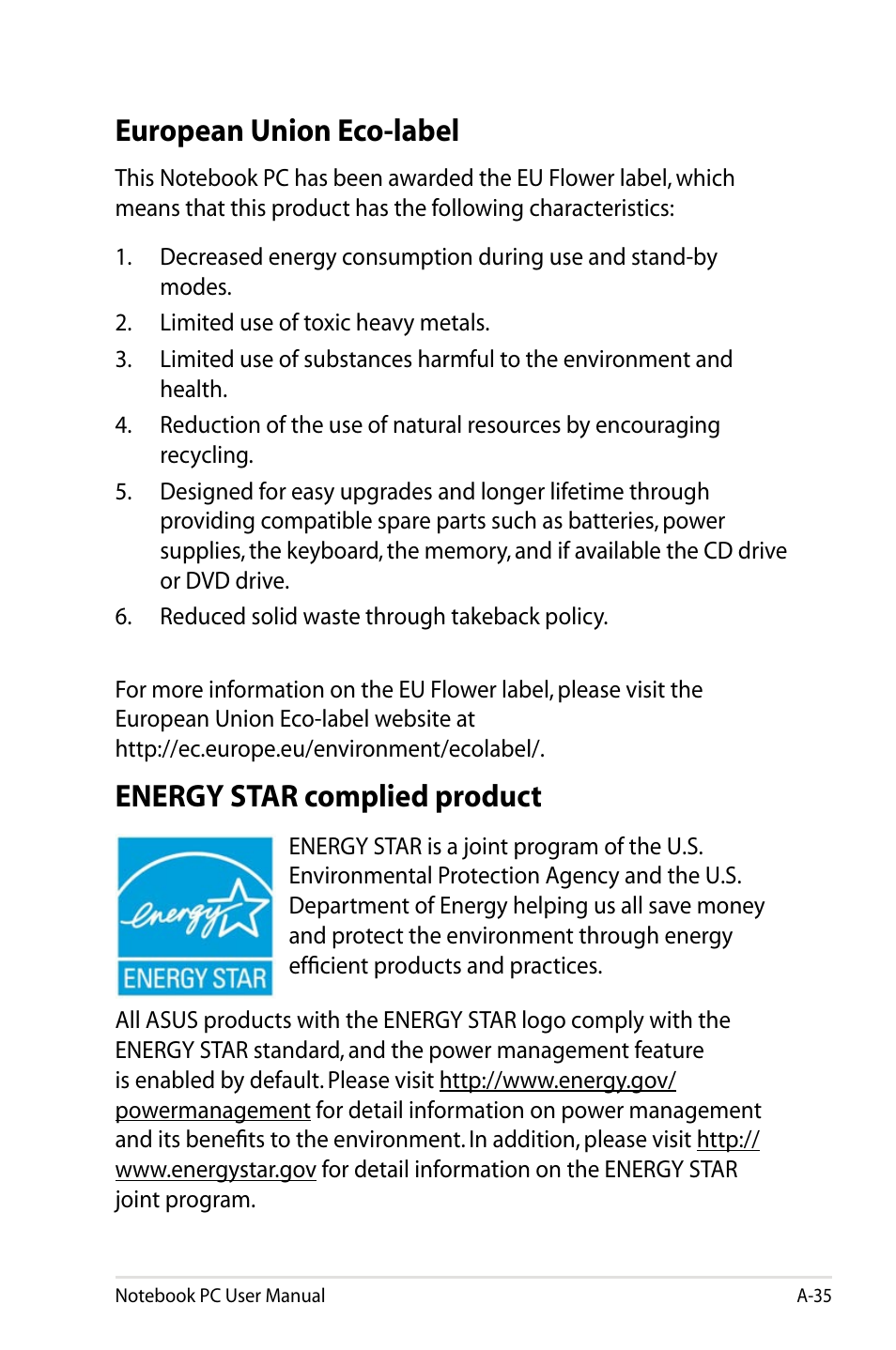 European union eco-label, Energy star complied product | Asus X53SD User Manual | Page 107 / 110