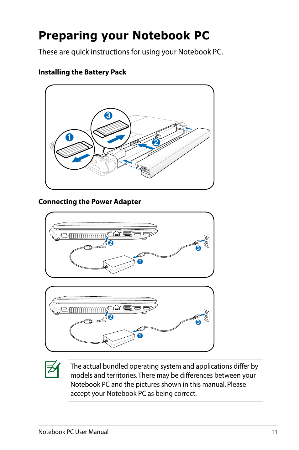Preparing your notebook pc | Asus X53SD User Manual | Page 11 / 110