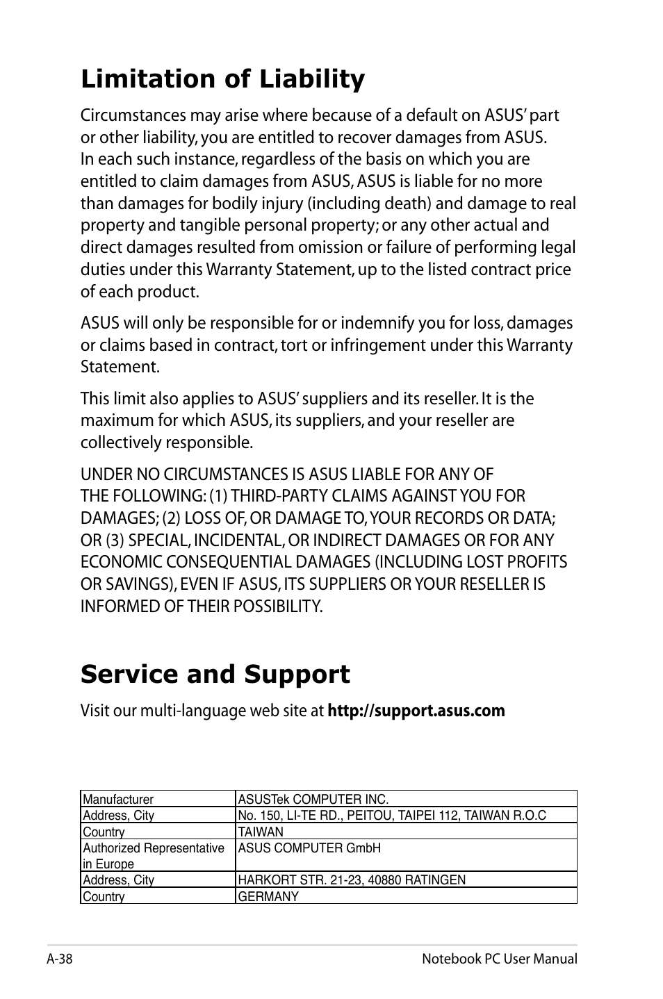 Limitation of liability, Service and support | Asus X53SD User Manual | Page 110 / 110