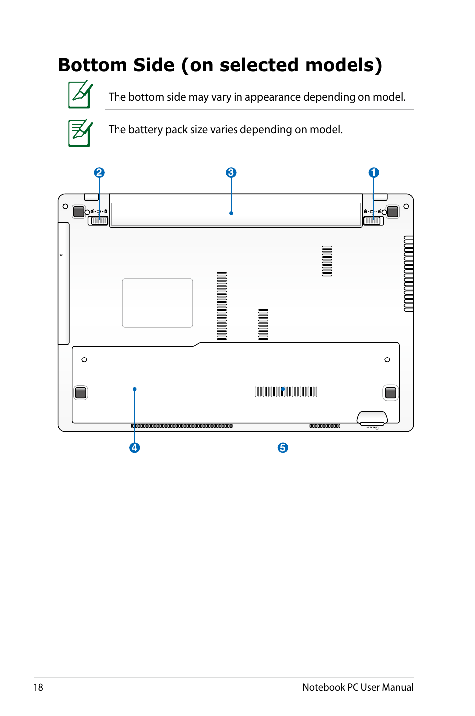 Bottom side (on selected models) | Asus X53SD User Manual | Page 18 / 110