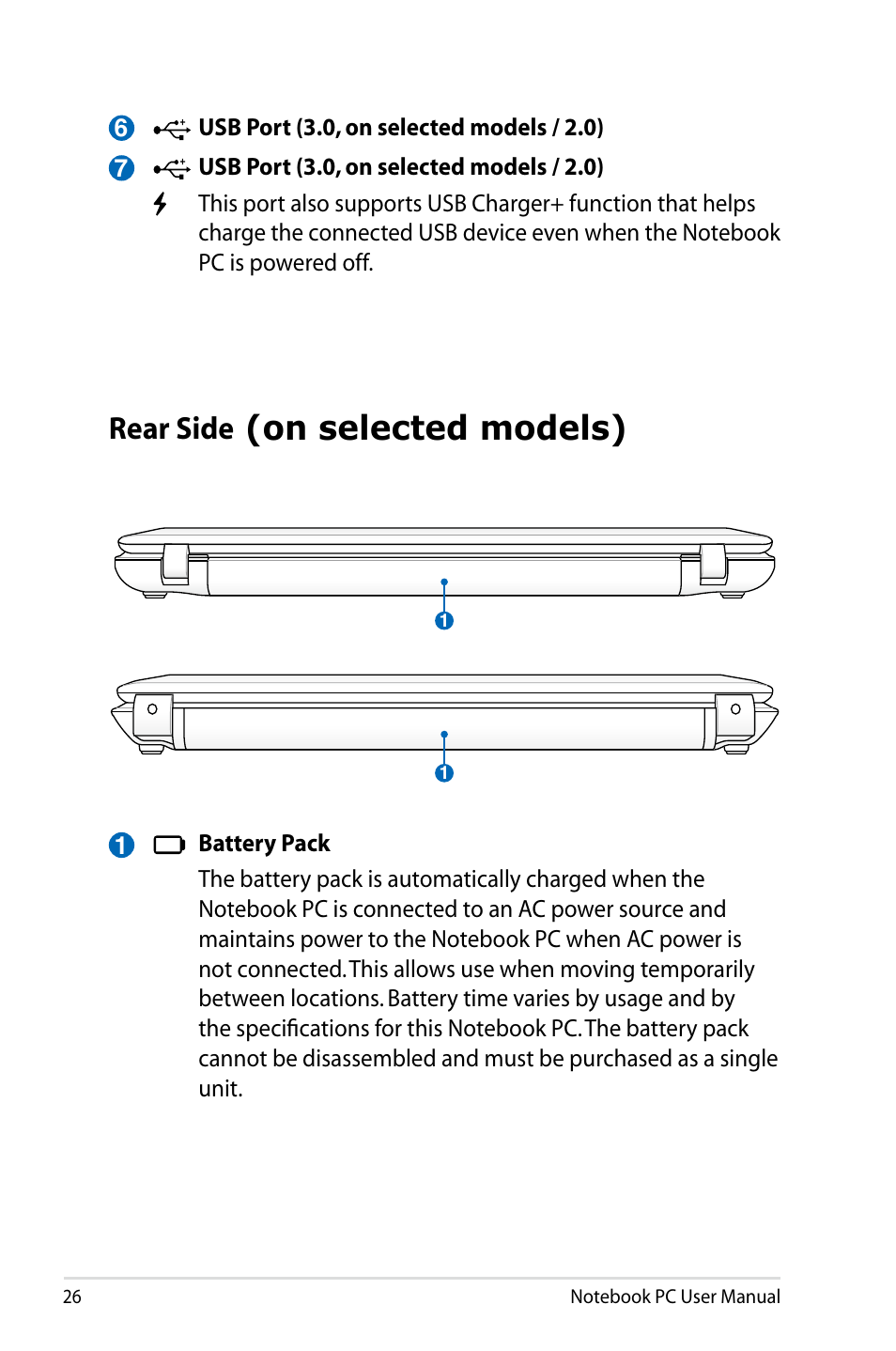 Rear side (on selected models), On selected models), Rear side | Asus X53SD User Manual | Page 26 / 110