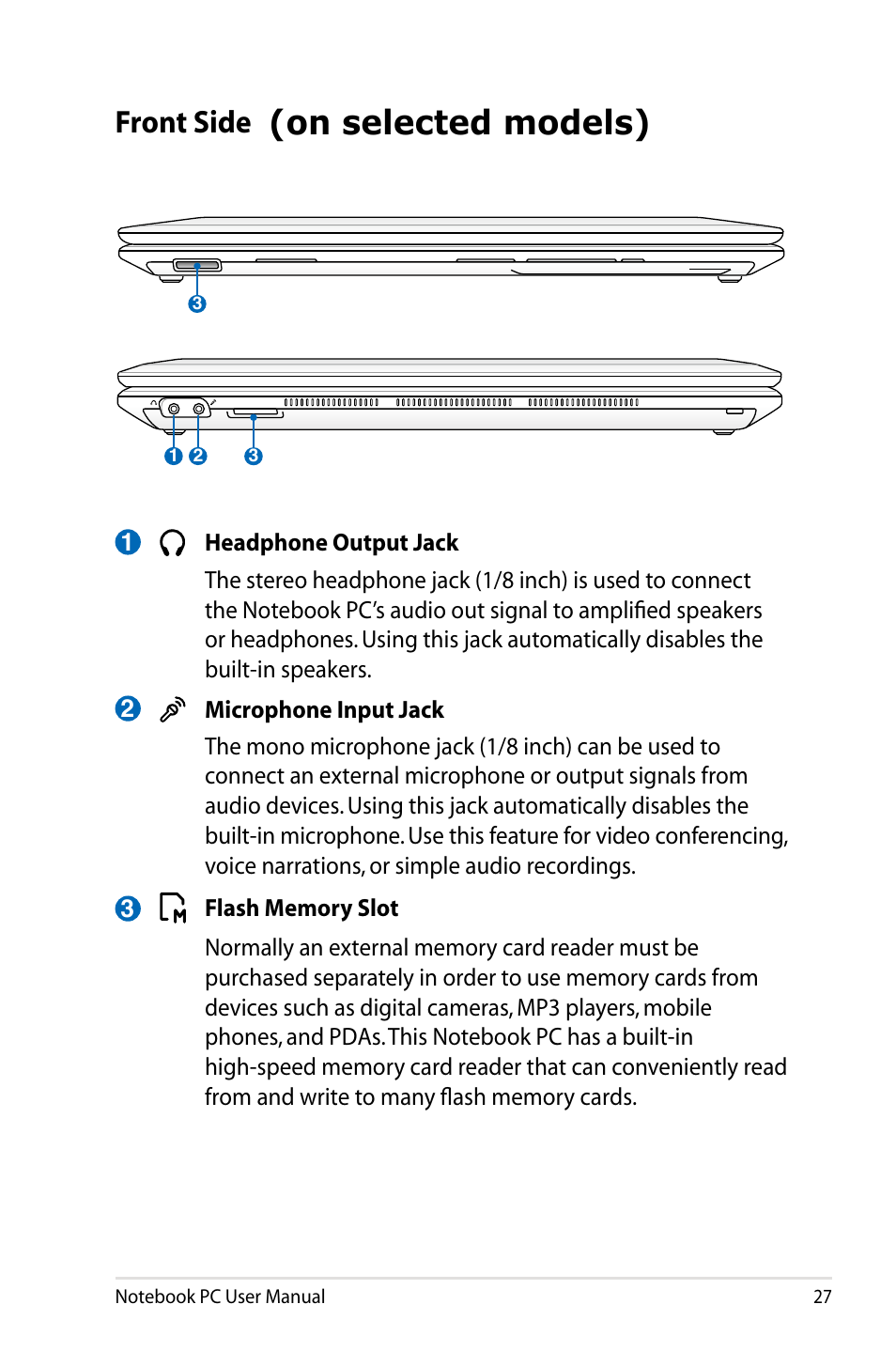 Front side (on selected models), On selected models), Front side | Asus X53SD User Manual | Page 27 / 110