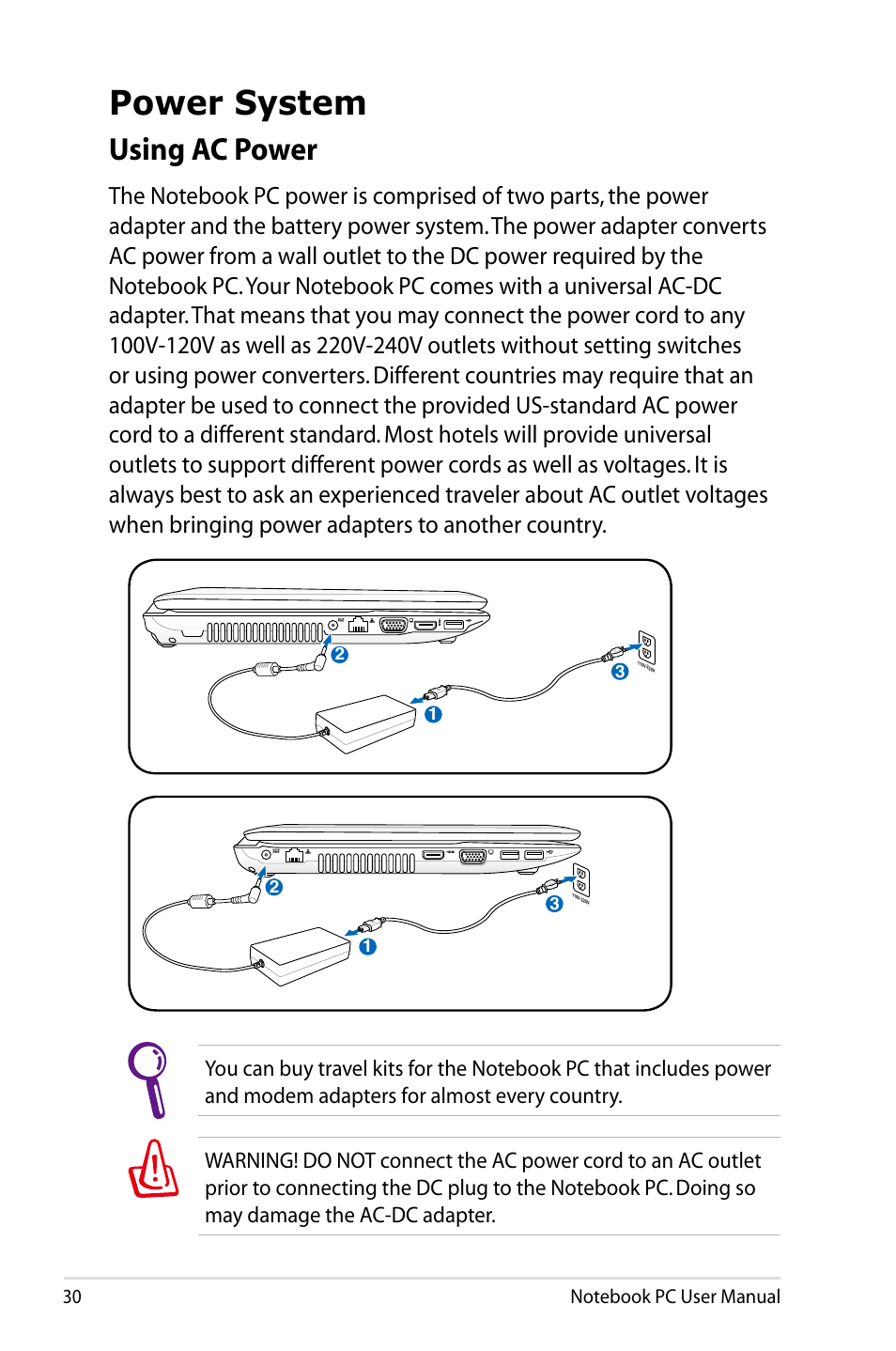 Power system, Using ac power | Asus X53SD User Manual | Page 30 / 110