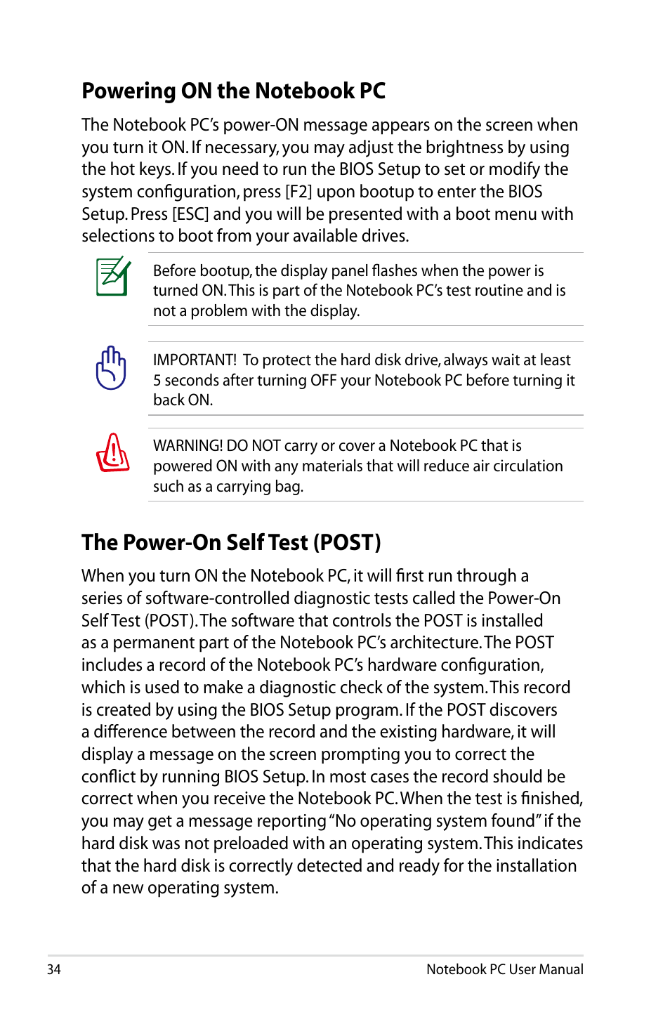 Powering on the notebook pc, The power-on self test (post) | Asus X53SD User Manual | Page 34 / 110