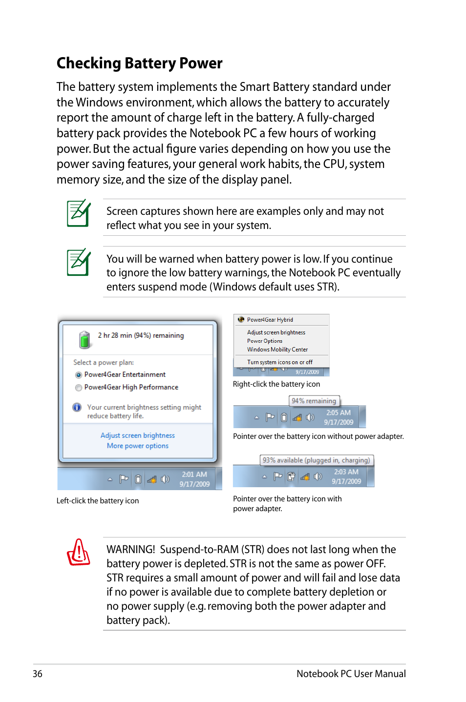 Checking battery power | Asus X53SD User Manual | Page 36 / 110