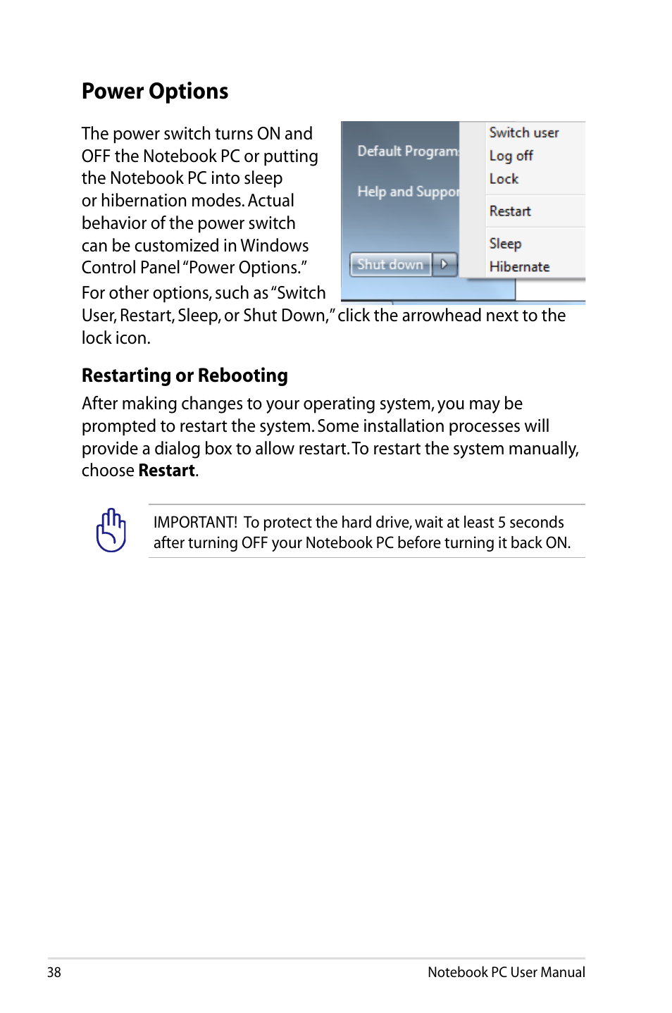 Power options | Asus X53SD User Manual | Page 38 / 110
