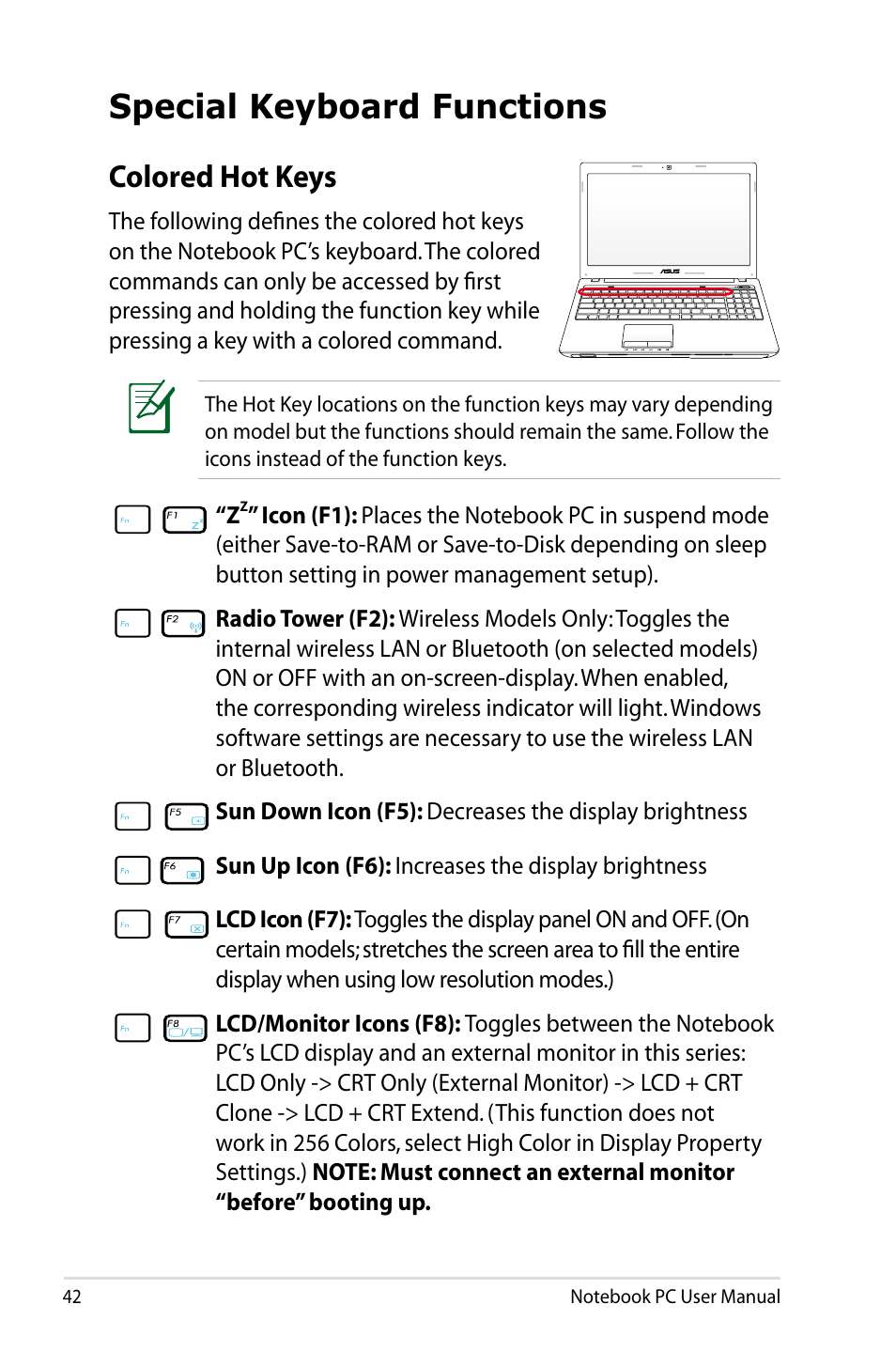 Special keyboard functions, Colored hot keys | Asus X53SD User Manual | Page 42 / 110