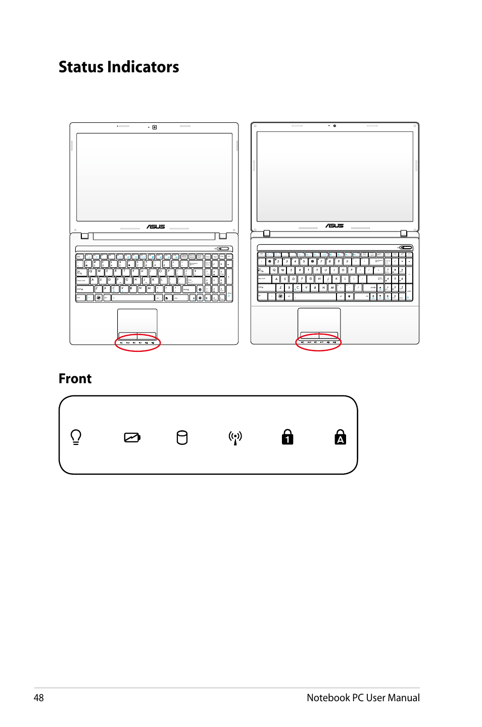 Status indicators, Front, Insert | Asus X53SD User Manual | Page 48 / 110