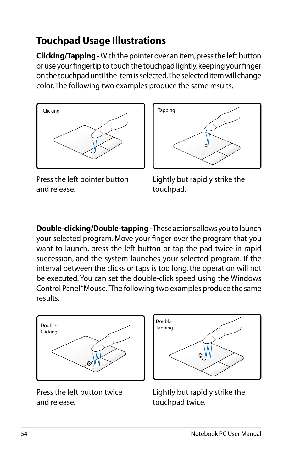 Touchpad usage illustrations | Asus X53SD User Manual | Page 54 / 110