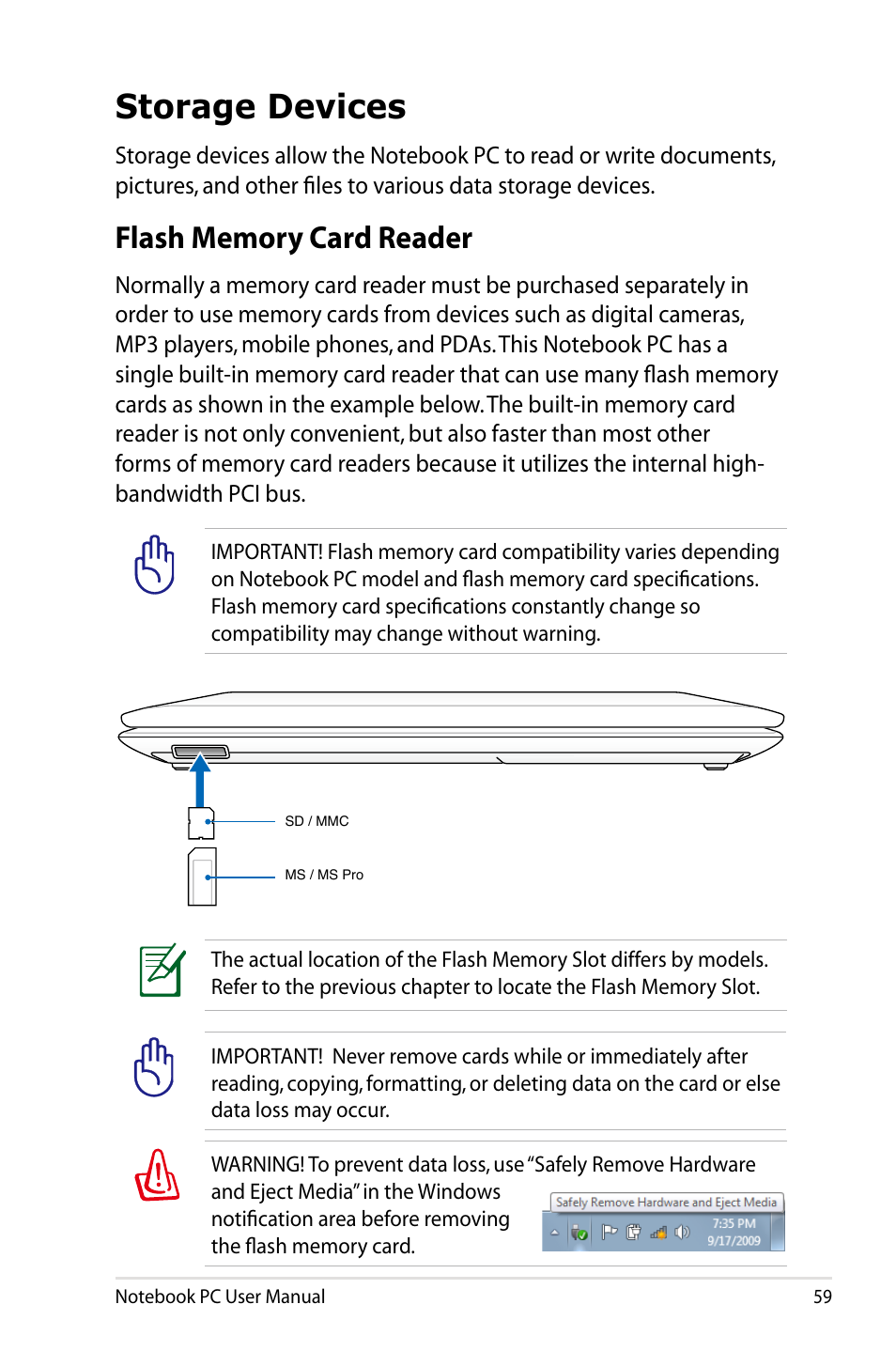 Storage devices, Flash memory card reader | Asus X53SD User Manual | Page 59 / 110
