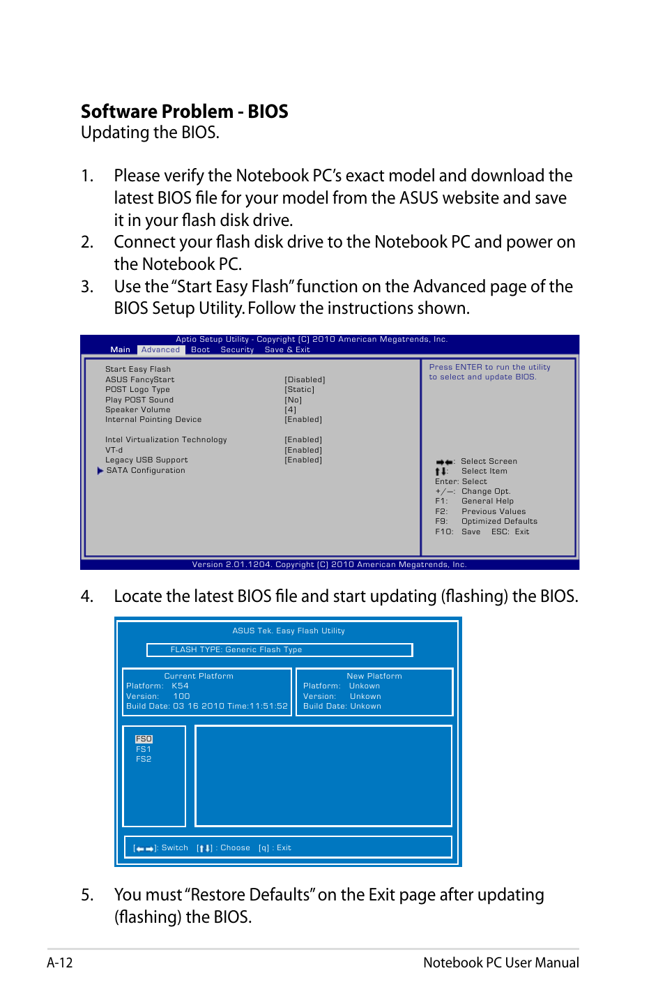 Software problem - bios | Asus X53SD User Manual | Page 84 / 110