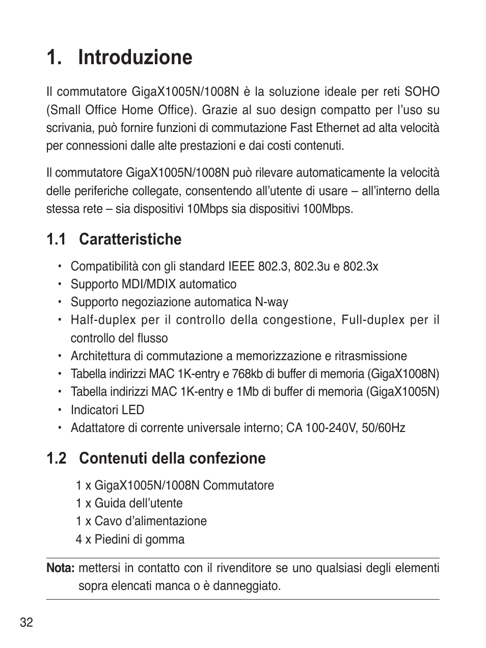 Introduzione, 1 caratteristiche, 2 contenuti della confezione | Asus GigaX1008N User Manual | Page 33 / 60