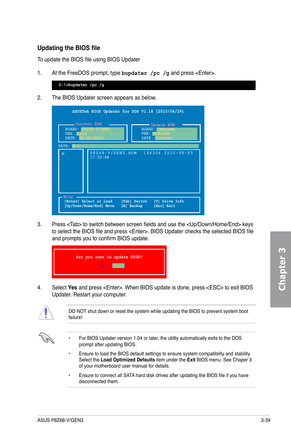Chapter 3, Updating the bios file | Asus P8Z68-V/GEN3 User Manual | Page 105 / 146
