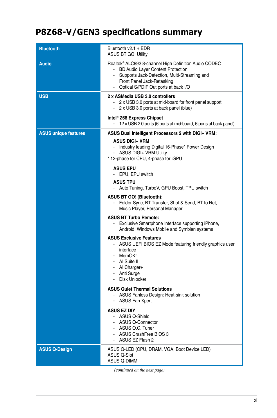 P8z68-v/gen3 specifications summary | Asus P8Z68-V/GEN3 User Manual | Page 11 / 146