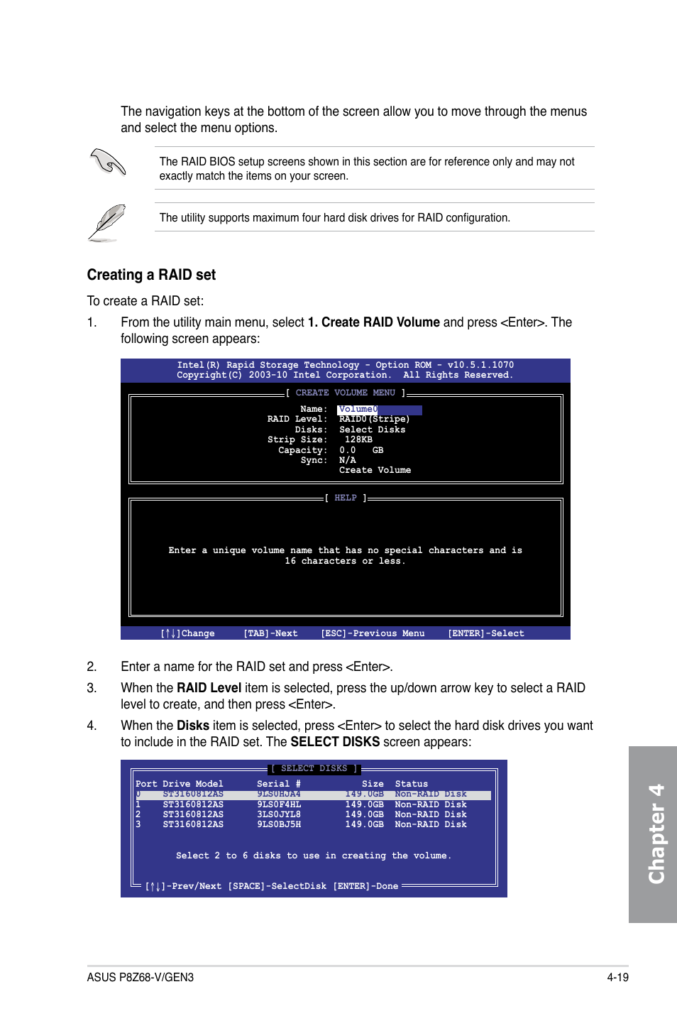 Chapter 4, Creating a raid set | Asus P8Z68-V/GEN3 User Manual | Page 125 / 146