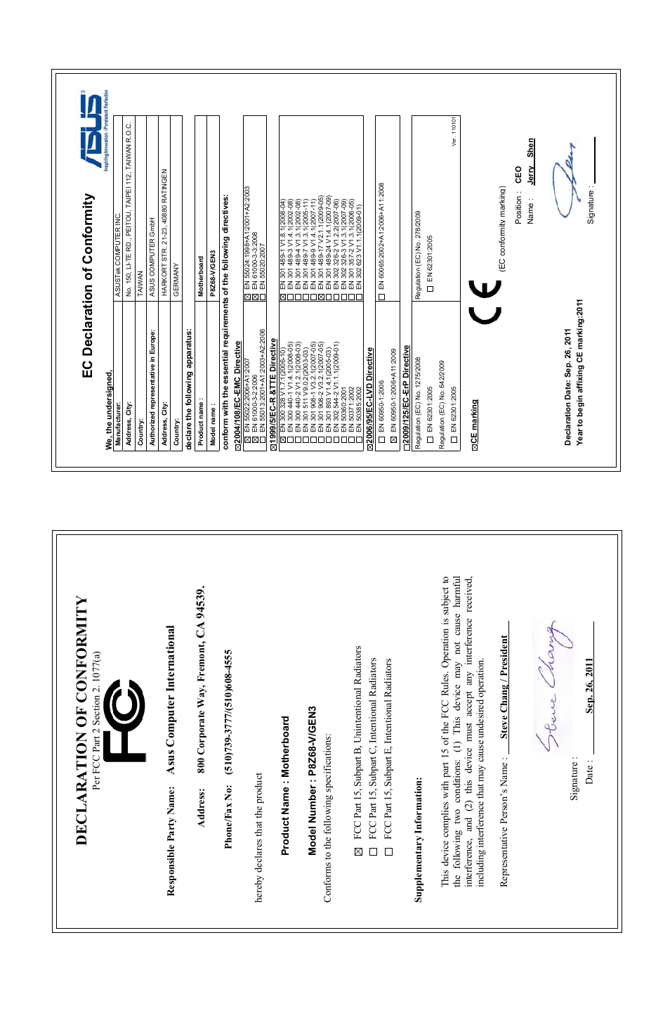 Declaration of conformity, Ec declaration of conformity, Asu s c om pu te r in te rn at io na l | Asus P8Z68-V/GEN3 User Manual | Page 146 / 146