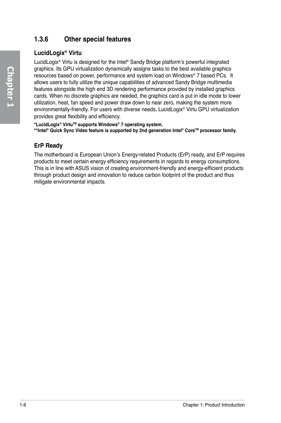 Chapter 1, 6 other special features, Lucidlogix | Virtu, Erp ready | Asus P8Z68-V/GEN3 User Manual | Page 18 / 146