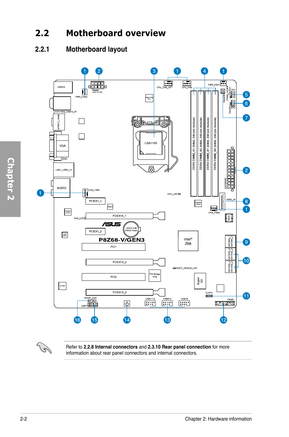 Chapter 2, 2 motherboard overview | Asus P8Z68-V/GEN3 User Manual | Page 20 / 146