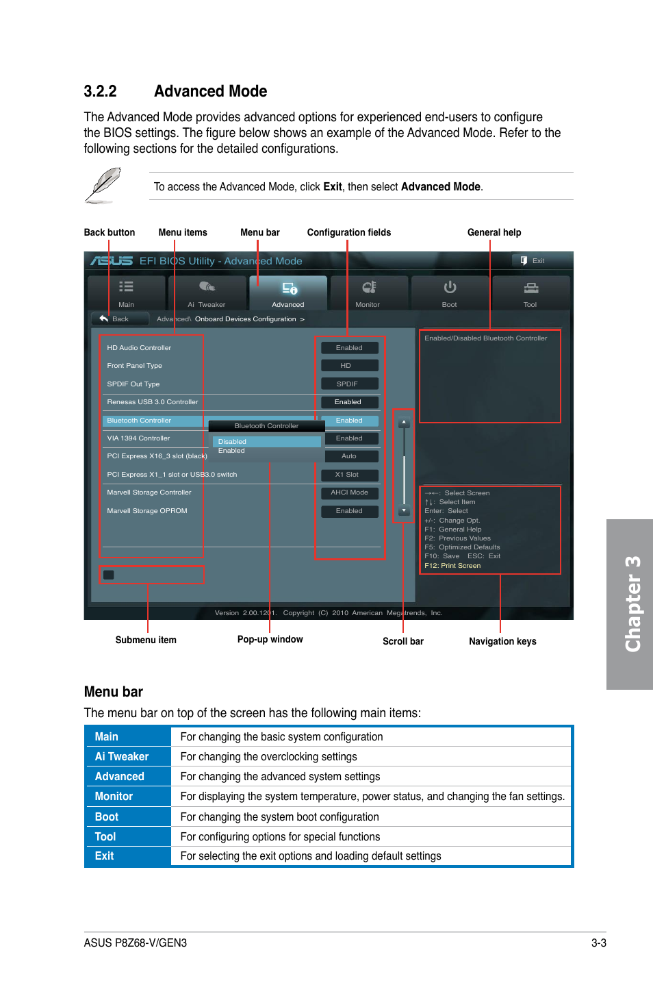Chapter 3, 2 advanced mode, Menu bar | Asus P8Z68-V/GEN3 User Manual | Page 69 / 146