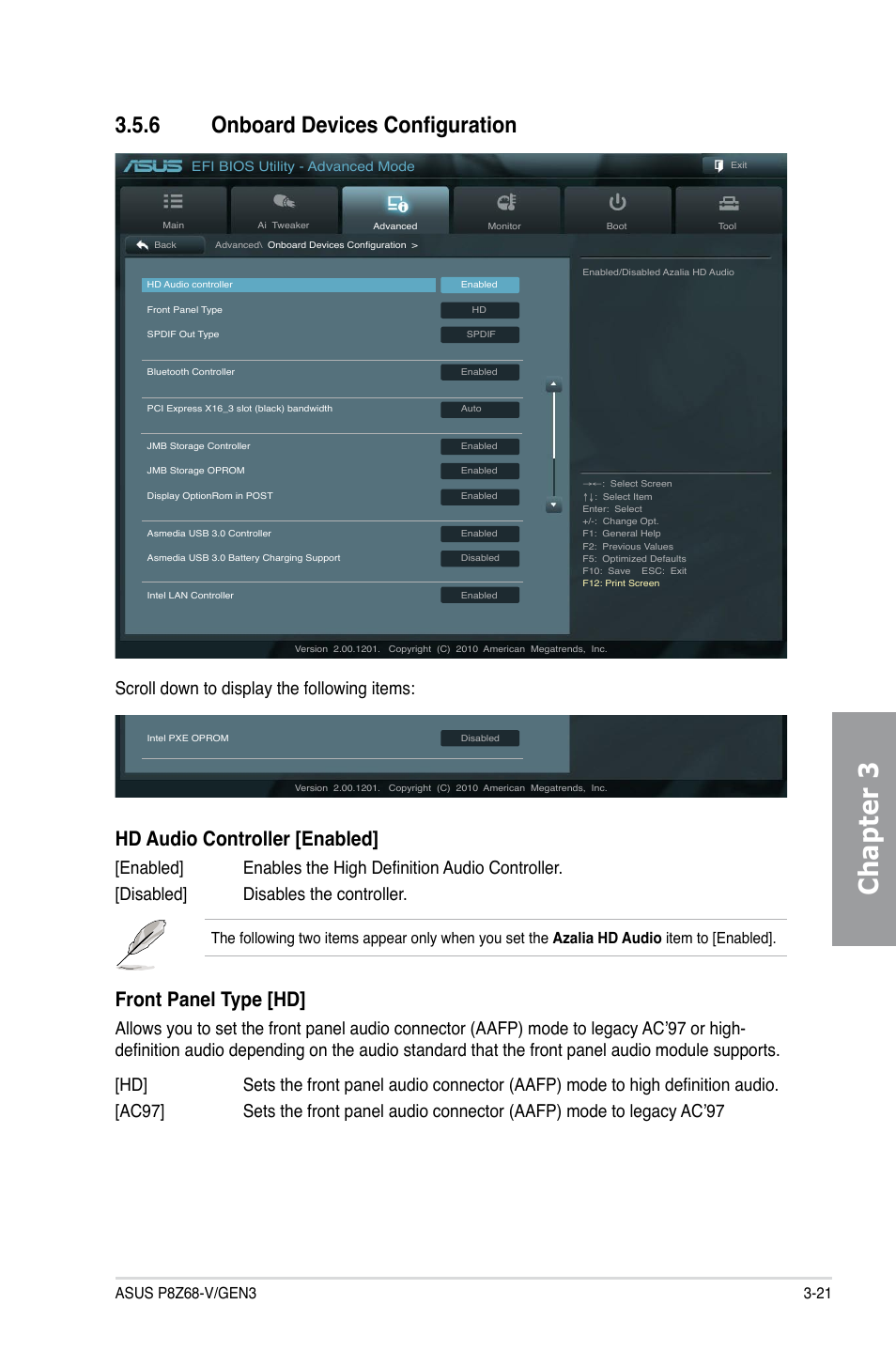 Chapter 3, 6 onboard devices configuration, Hd audio controller [enabled | Front panel type [hd, Scroll down to display the following items | Asus P8Z68-V/GEN3 User Manual | Page 87 / 146