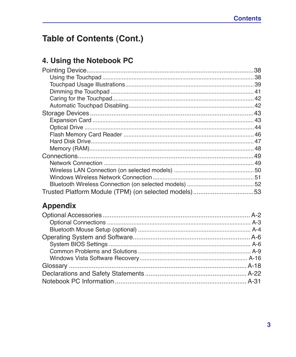 Table of contents (cont.), Appendix | Asus U81A User Manual | Page 3 / 88