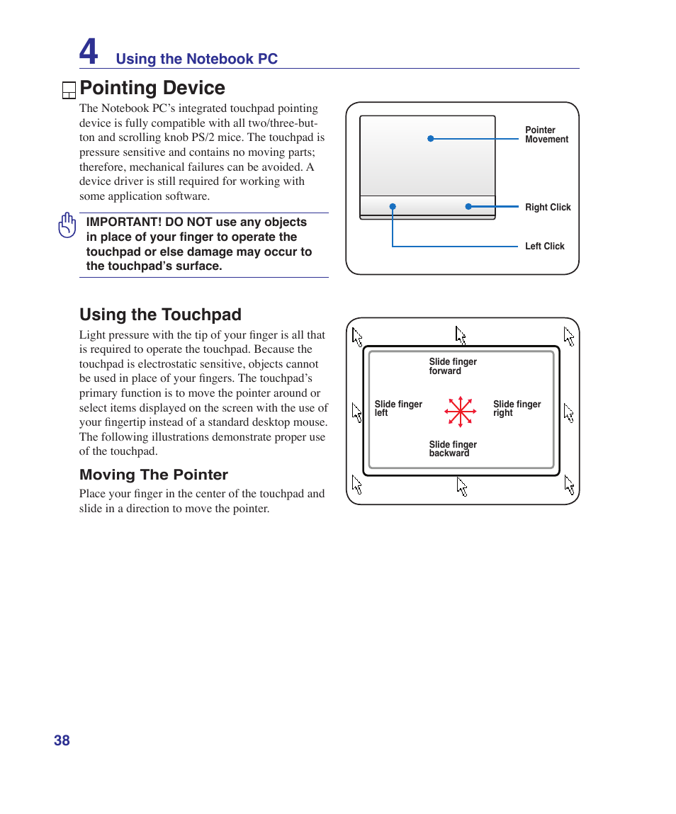 Pointing device, Using the touchpad | Asus U81A User Manual | Page 38 / 88