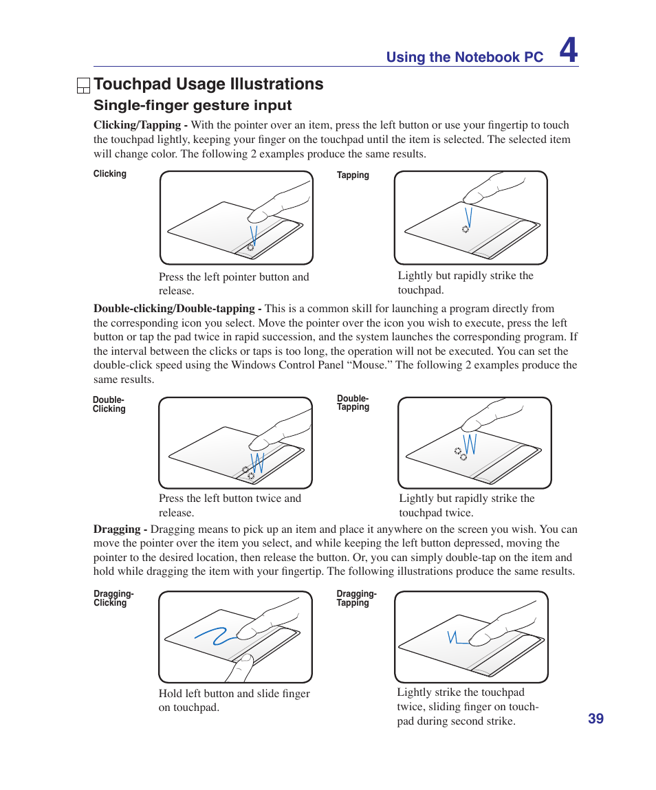 Touchpad usage illustrations | Asus U81A User Manual | Page 39 / 88
