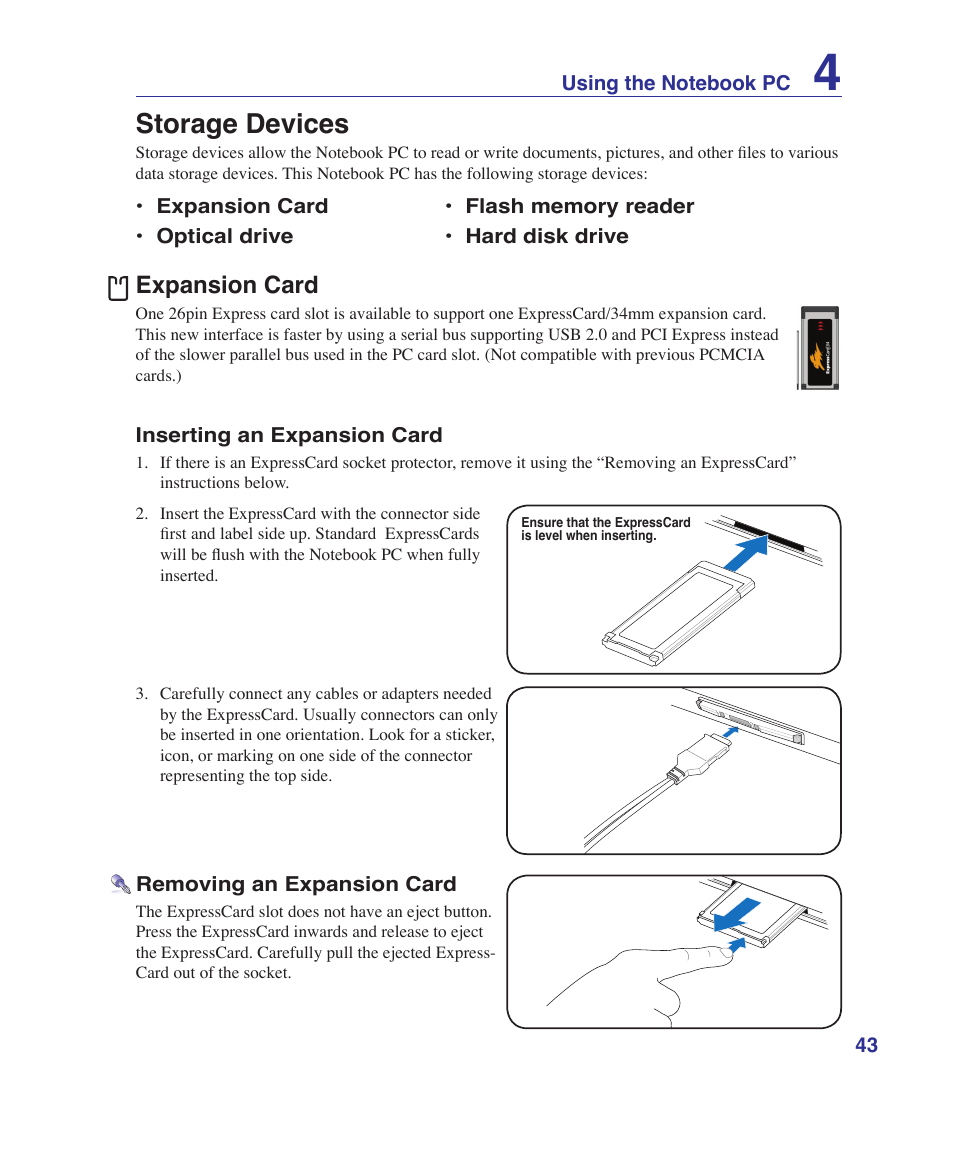 Storage devices, Expansion card | Asus U81A User Manual | Page 43 / 88