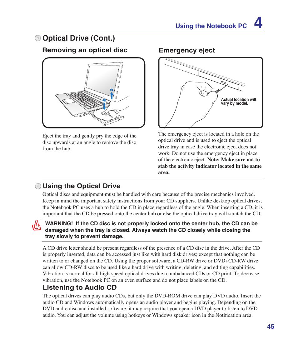 Optical drive (cont.) | Asus U81A User Manual | Page 45 / 88