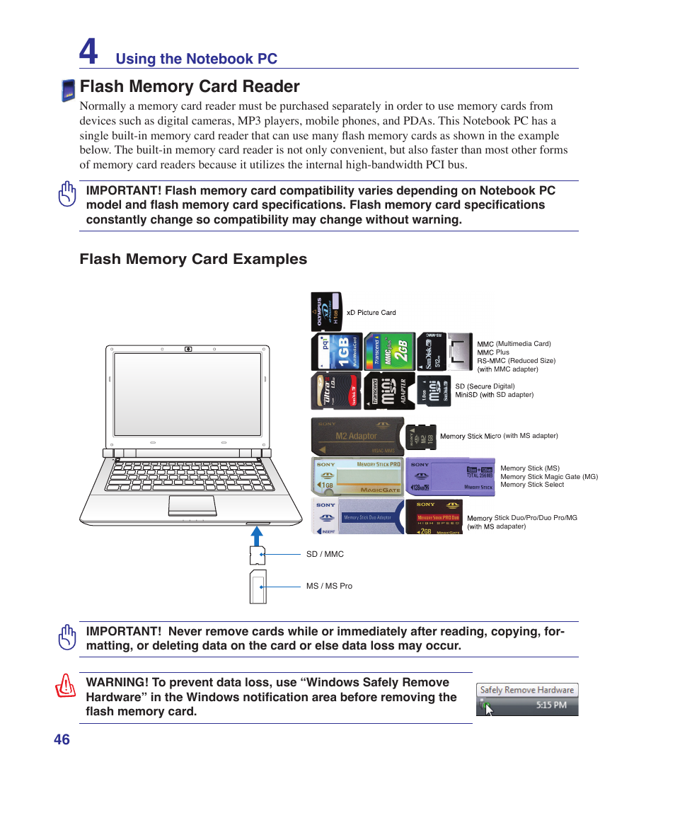 Flash memory card reader | Asus U81A User Manual | Page 46 / 88