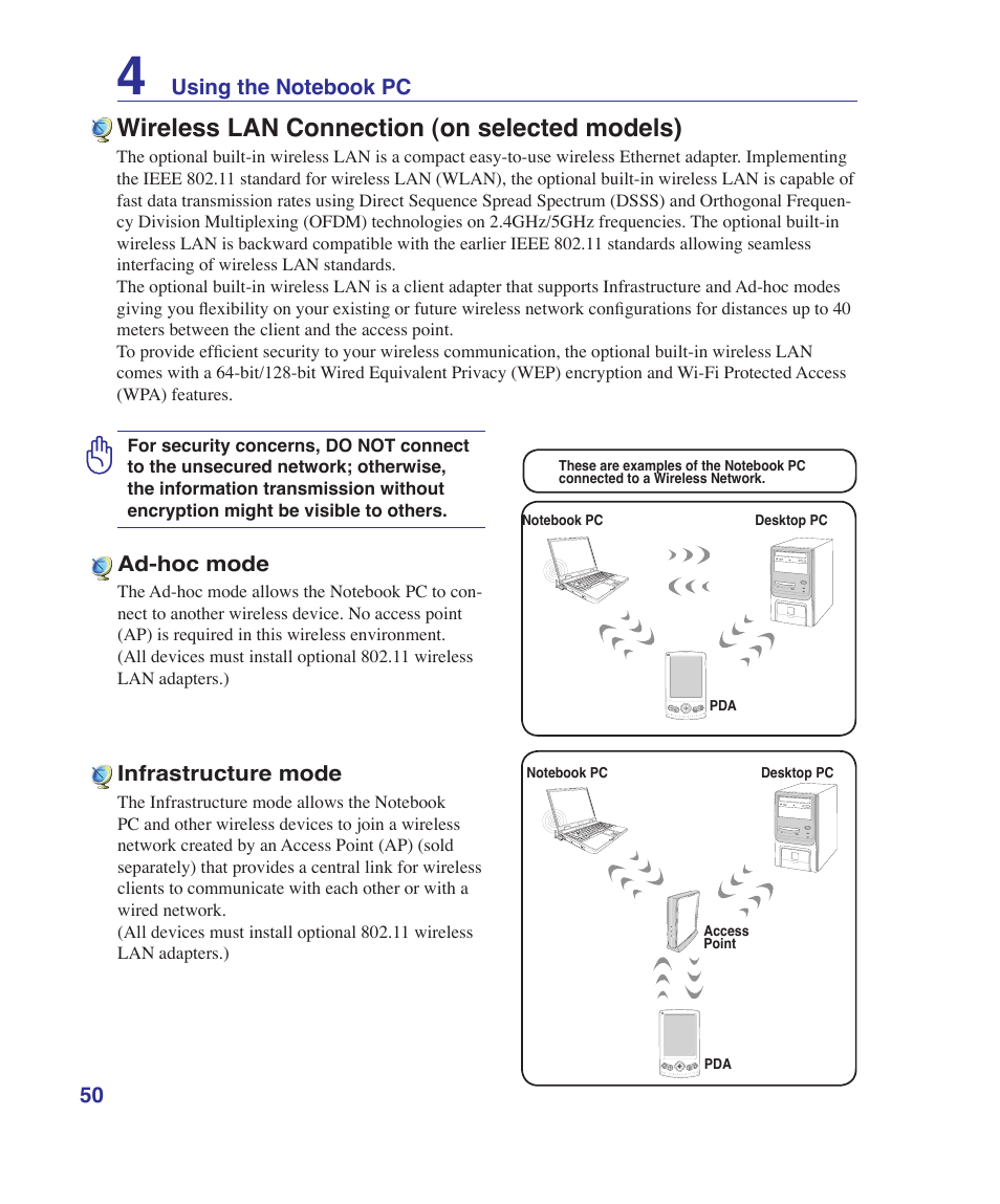 Wireless lan connection (on selected models) | Asus U81A User Manual | Page 50 / 88