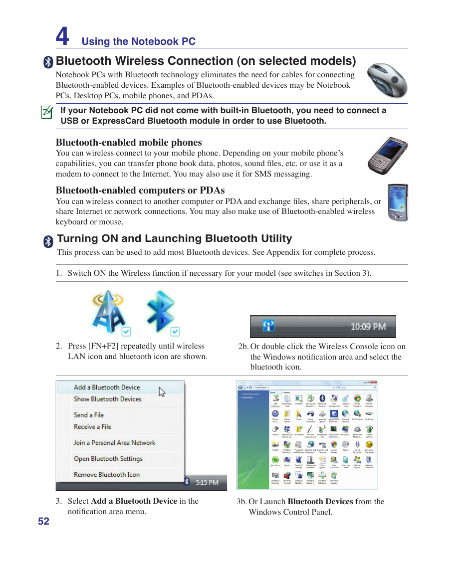 Bluetooth wireless connection (on selected models) | Asus U81A User Manual | Page 52 / 88