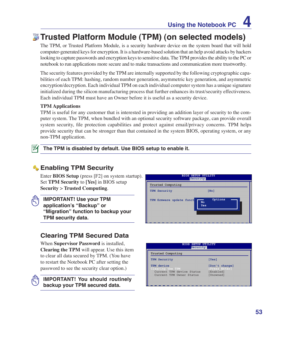 Trusted platform module (tpm) (on selected models), Enabling tpm security, Clearing tpm secured data | Asus U81A User Manual | Page 53 / 88