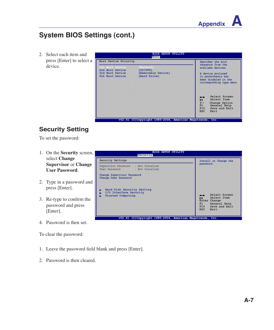 System bios settings (cont.), A-7 appendix, Security setting | Asus U81A User Manual | Page 61 / 88