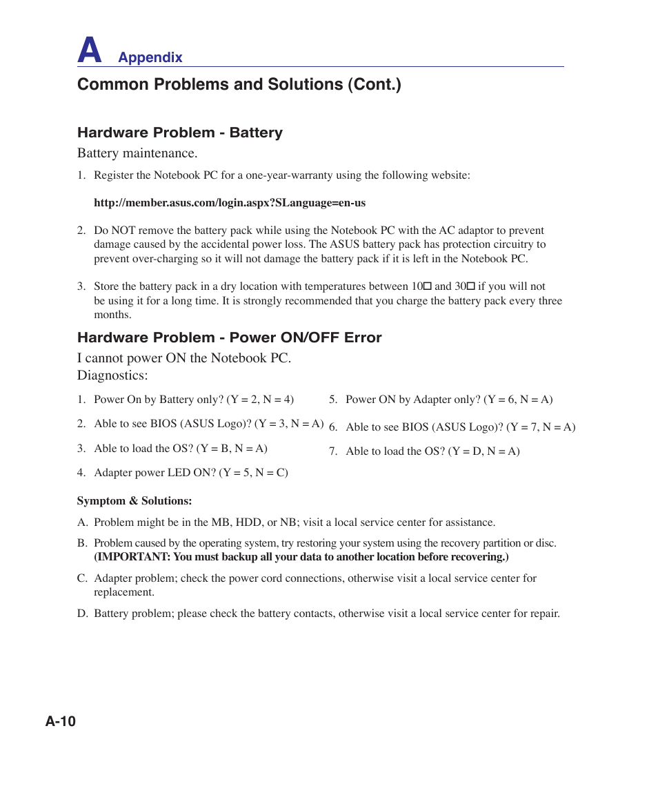Common problems and solutions (cont.) | Asus U81A User Manual | Page 64 / 88