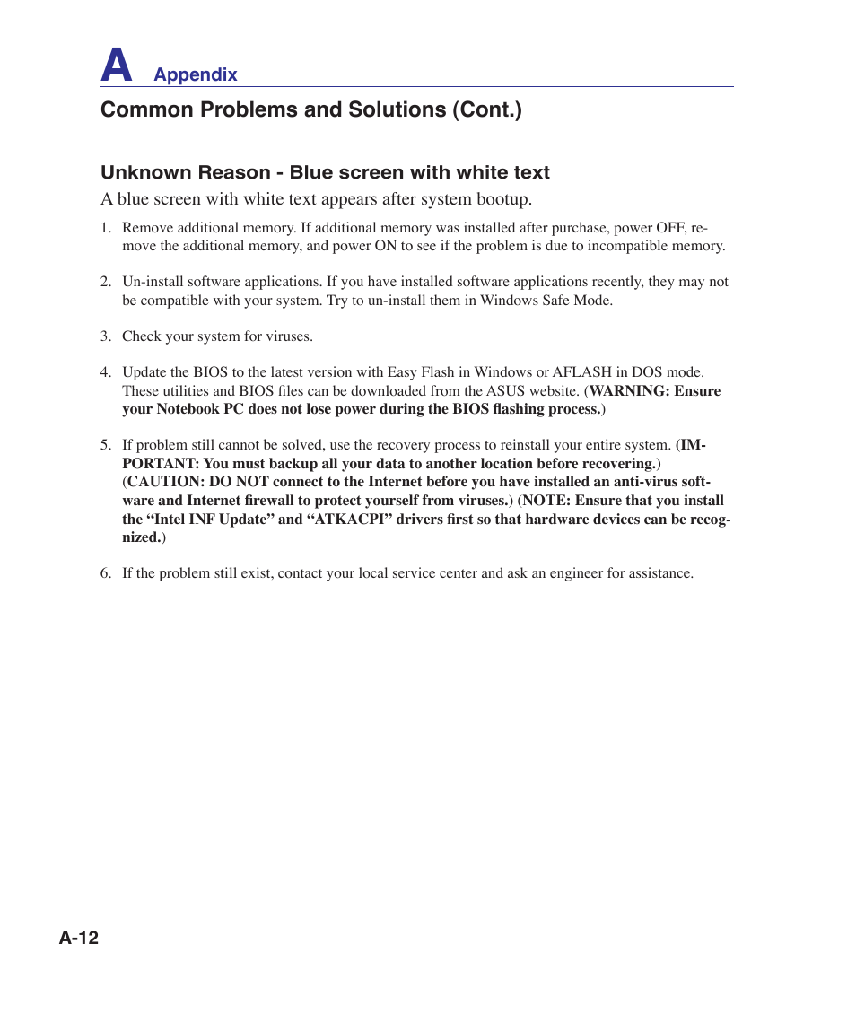 Common problems and solutions (cont.) | Asus U81A User Manual | Page 66 / 88