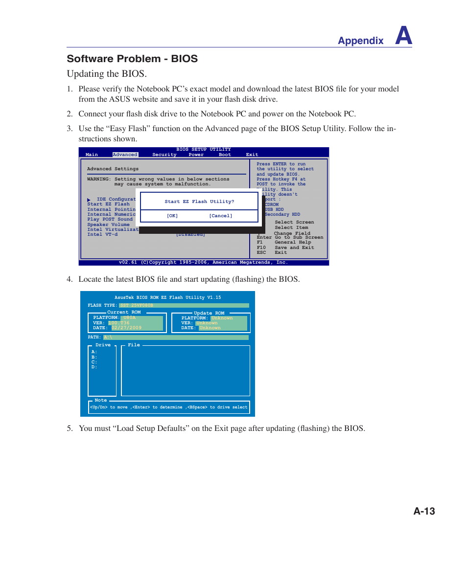 A-13 software problem - bios updating the bios, Appendix | Asus U81A User Manual | Page 67 / 88