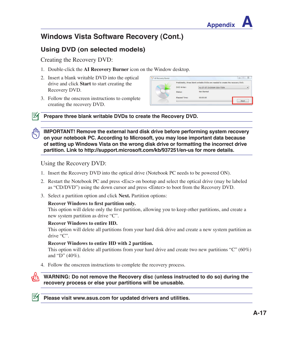 Windows vista software recovery (cont.) | Asus U81A User Manual | Page 71 / 88