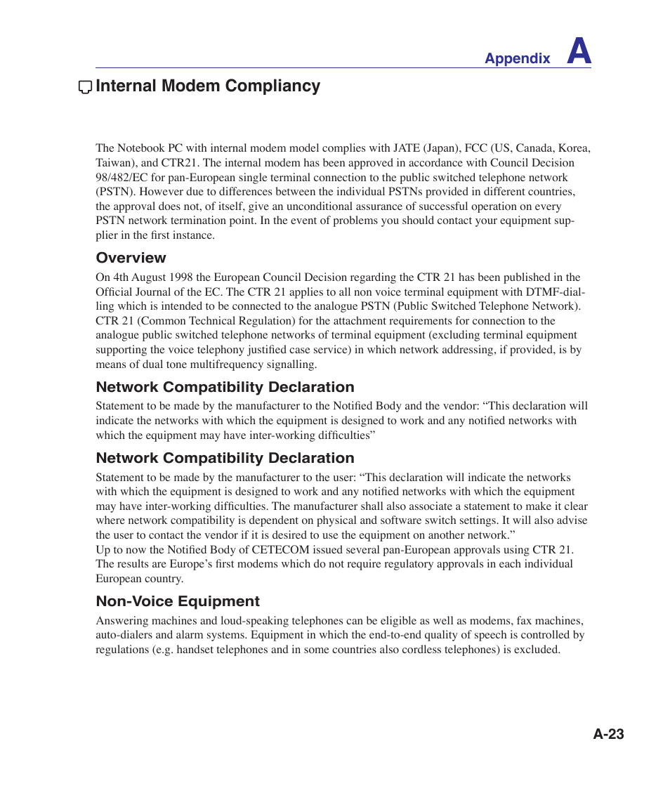 Internal modem compliancy | Asus U81A User Manual | Page 77 / 88