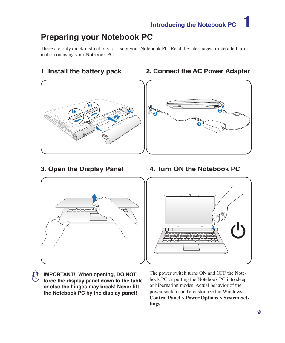 Preparing your notebook pc | Asus U81A User Manual | Page 9 / 88