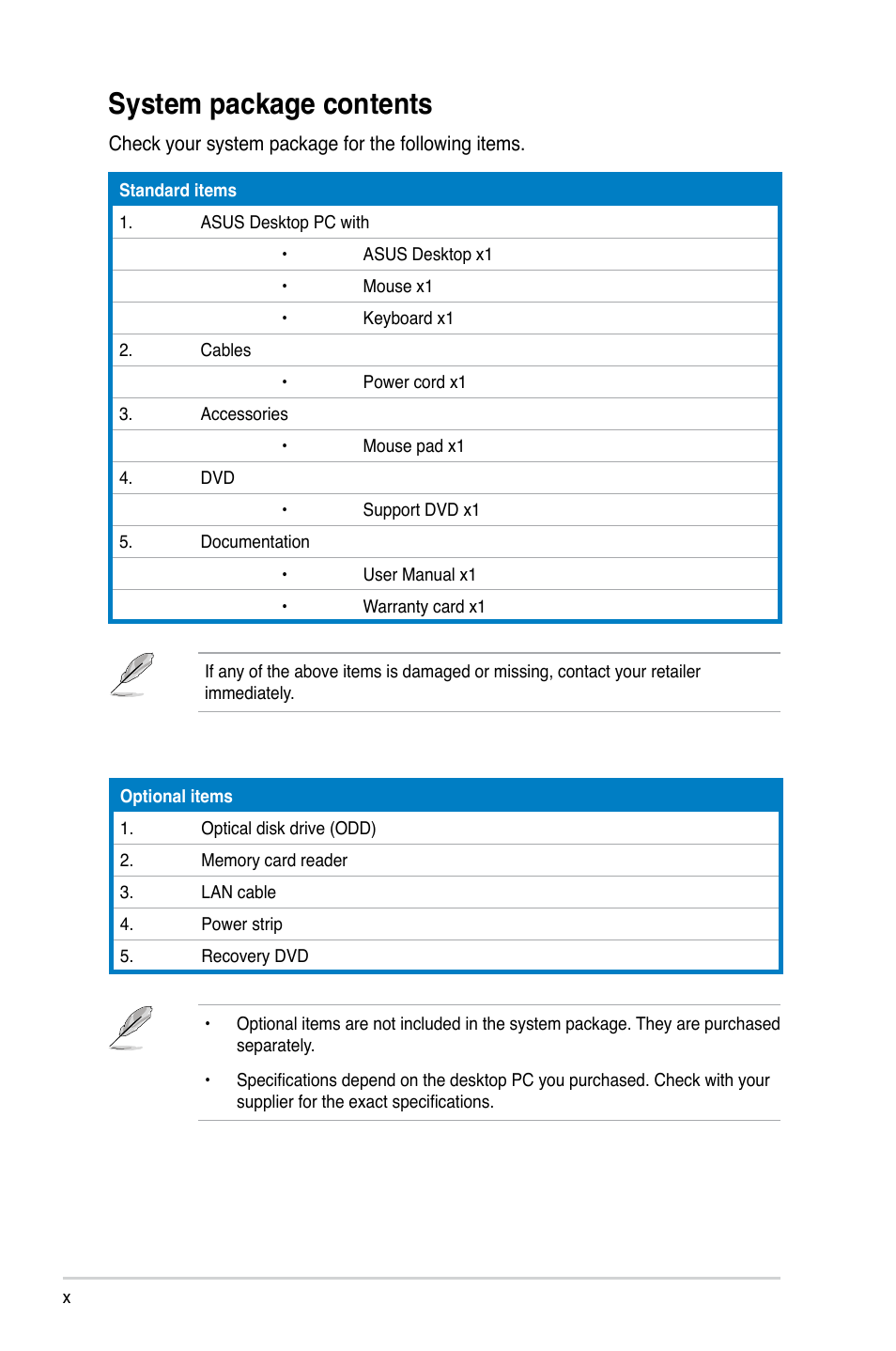 System package contents | Asus BP5242 User Manual | Page 10 / 35