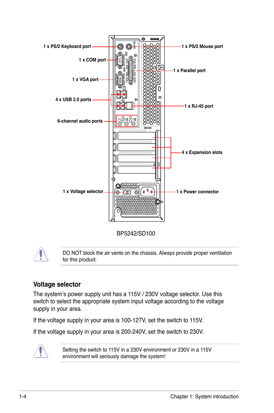 Voltage selector, 4 chapter 1: system introduction | Asus BP5242 User Manual | Page 14 / 35