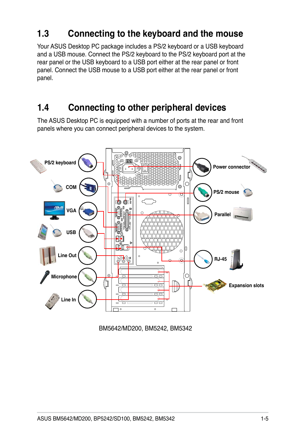 3 connecting to the keyboard and the mouse, 4 connecting to other peripheral devices, Connecting to the keyboard and the mouse -5 | Connecting to other peripheral devices -5, 3 connecting to the keyboard and the mouse | Asus BP5242 User Manual | Page 15 / 35