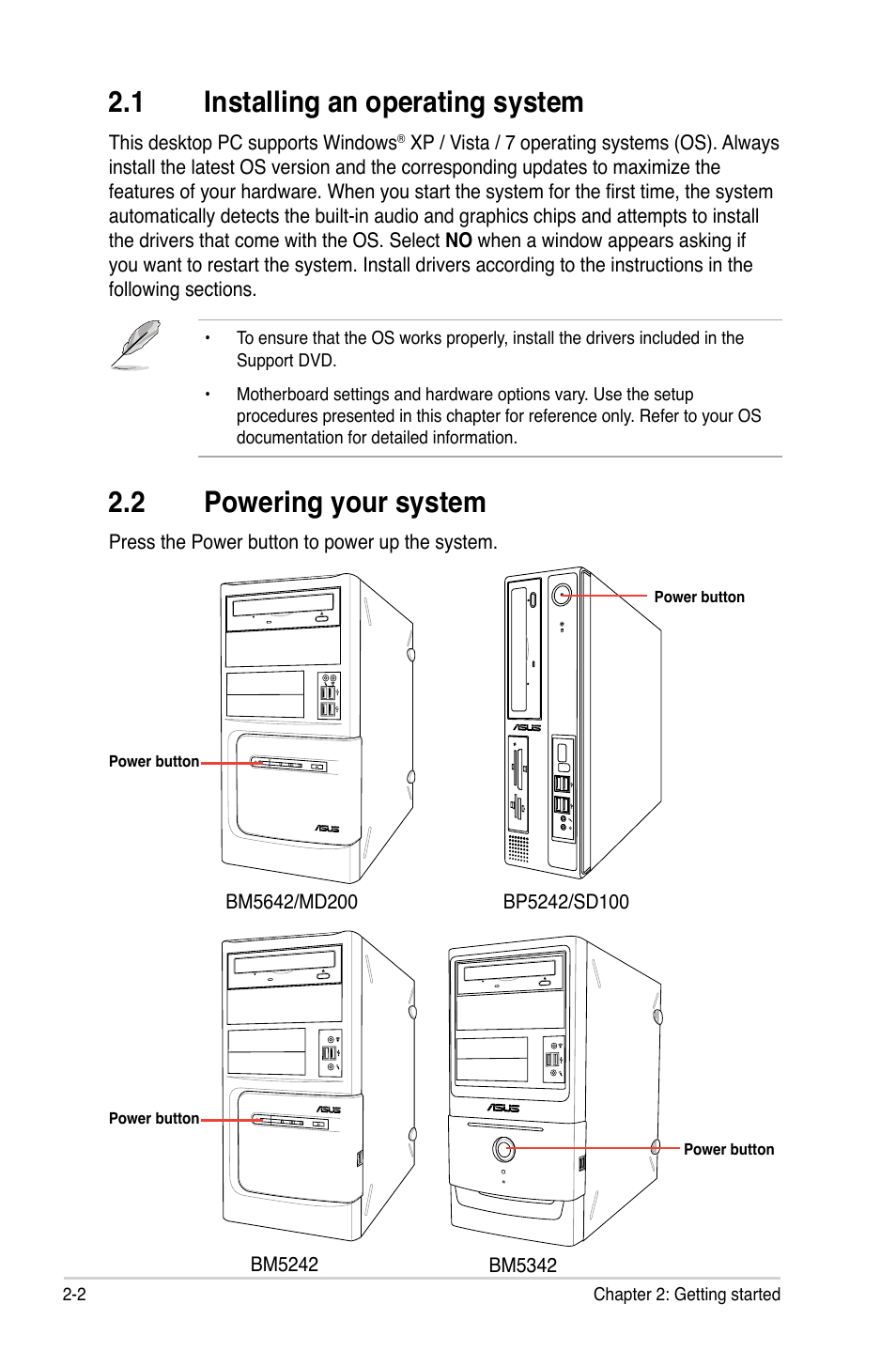 1 installing an operating system, 2 powering your system, Installing an operating system -2 | Powering your system -2 | Asus BP5242 User Manual | Page 18 / 35