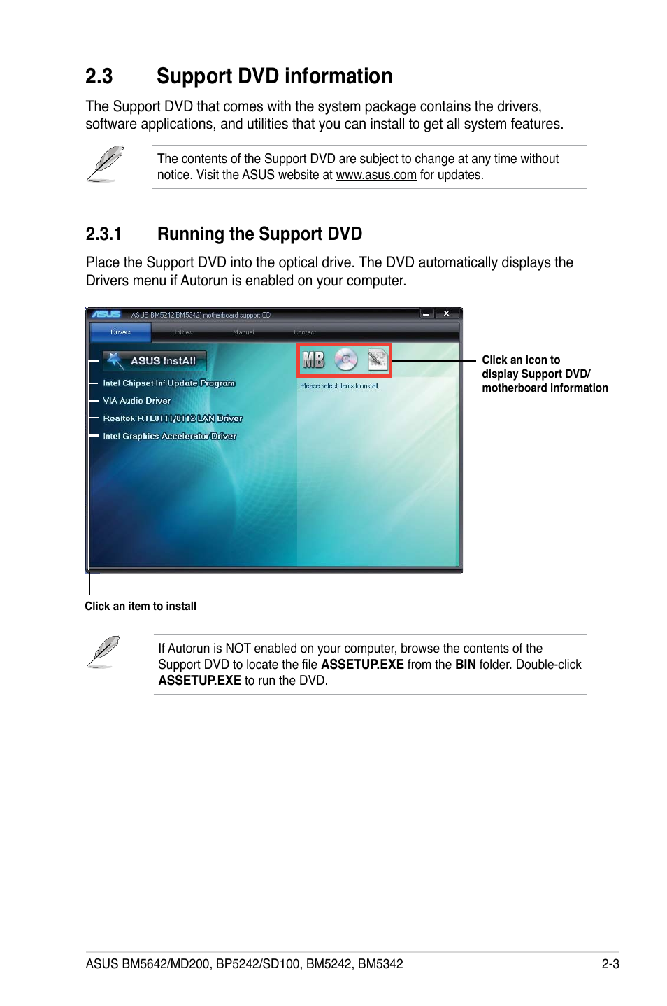 3 support dvd information, 1 running the support dvd, Support dvd information -3 2.3.1 | Running the support dvd -3 | Asus BP5242 User Manual | Page 19 / 35