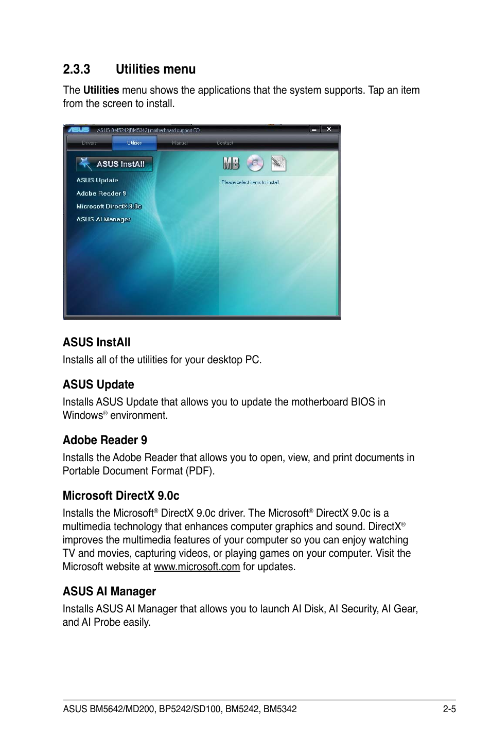 3 utilities menu, Utilities menu -5, Asus install | Asus update, Adobe reader 9, Microsoft directx 9.0c, Asus ai manager | Asus BP5242 User Manual | Page 21 / 35