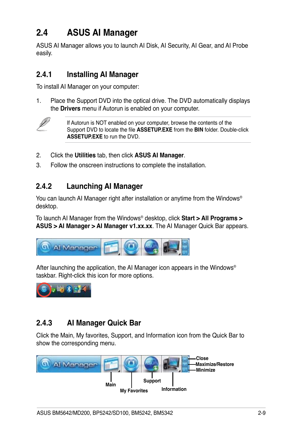 4 asus ai manager, 1 installing ai manager, 2 launching ai manager | 3 ai manager quick bar, Asus ai manager -9 2.4.1, Installing ai manager -9, Launching ai manager -9, Ai manager quick bar -9 | Asus BP5242 User Manual | Page 25 / 35