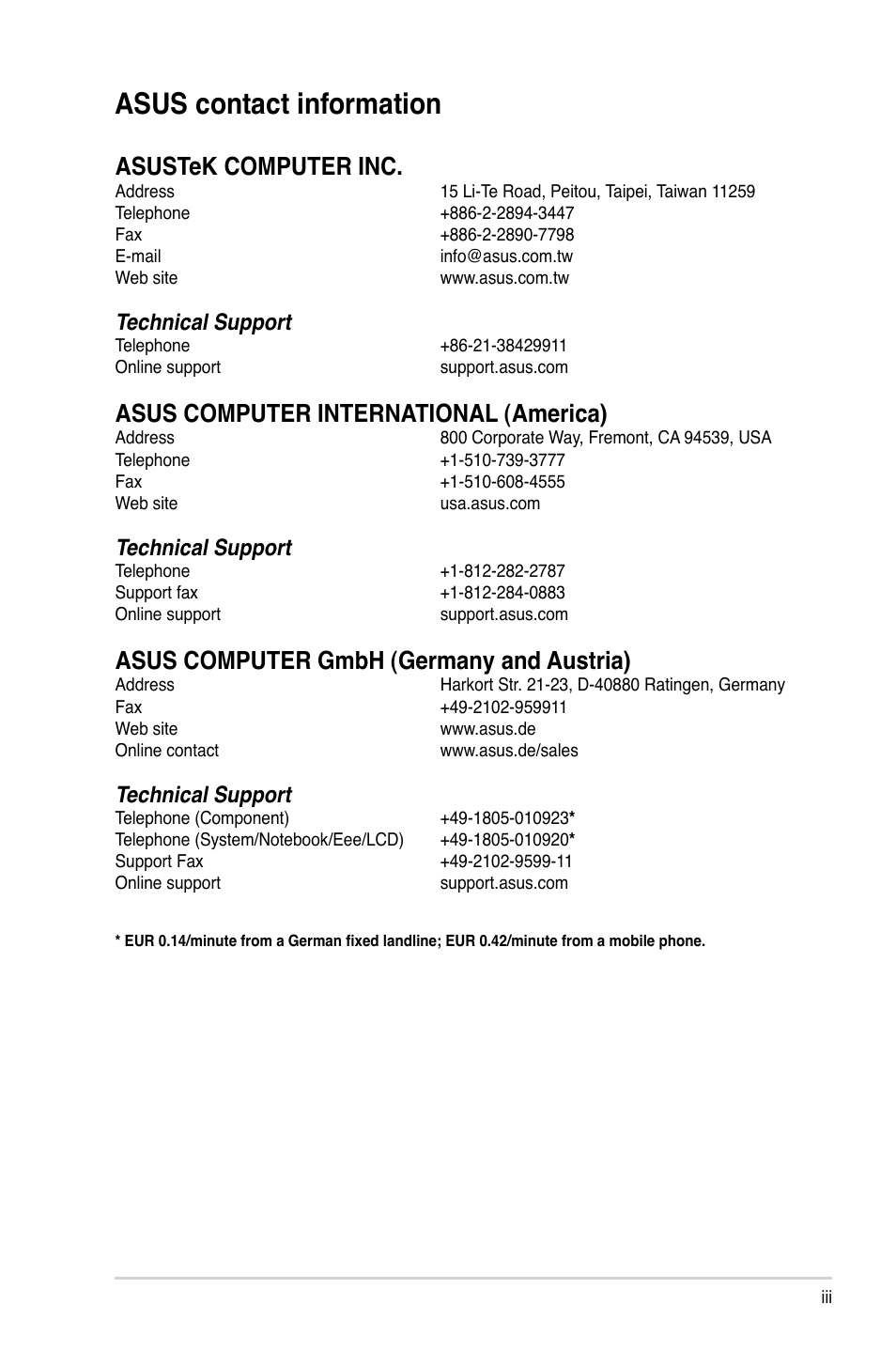 Asus contact information, Asustek computer inc, Asus computer international (america) | Asus computer gmbh (germany and austria), Technical support | Asus BP5242 User Manual | Page 3 / 35