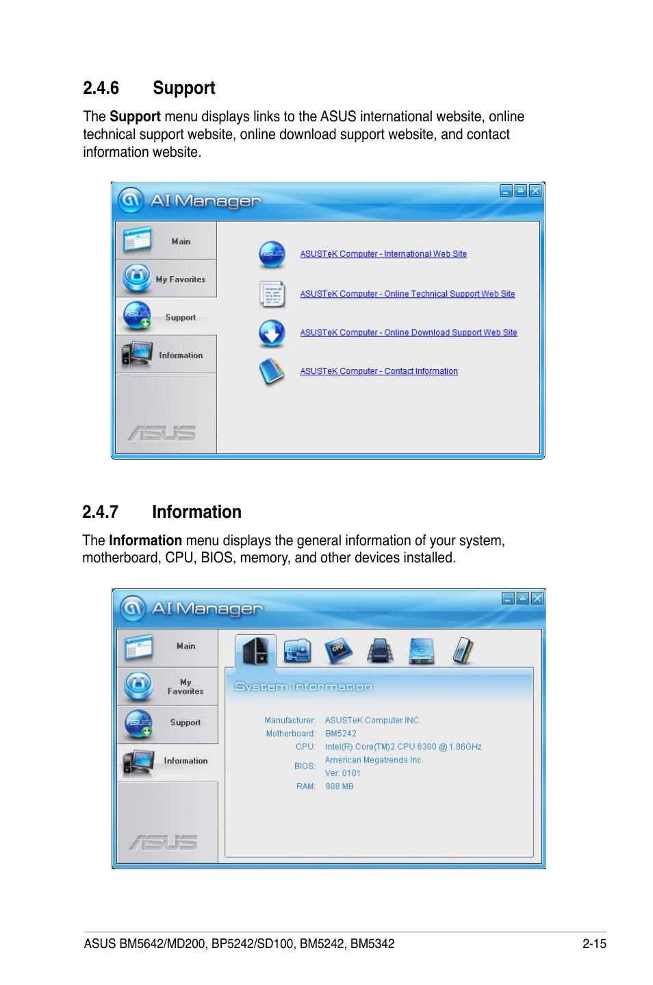 6 support, 7 information, Support -15 | Information -15 | Asus BP5242 User Manual | Page 31 / 35